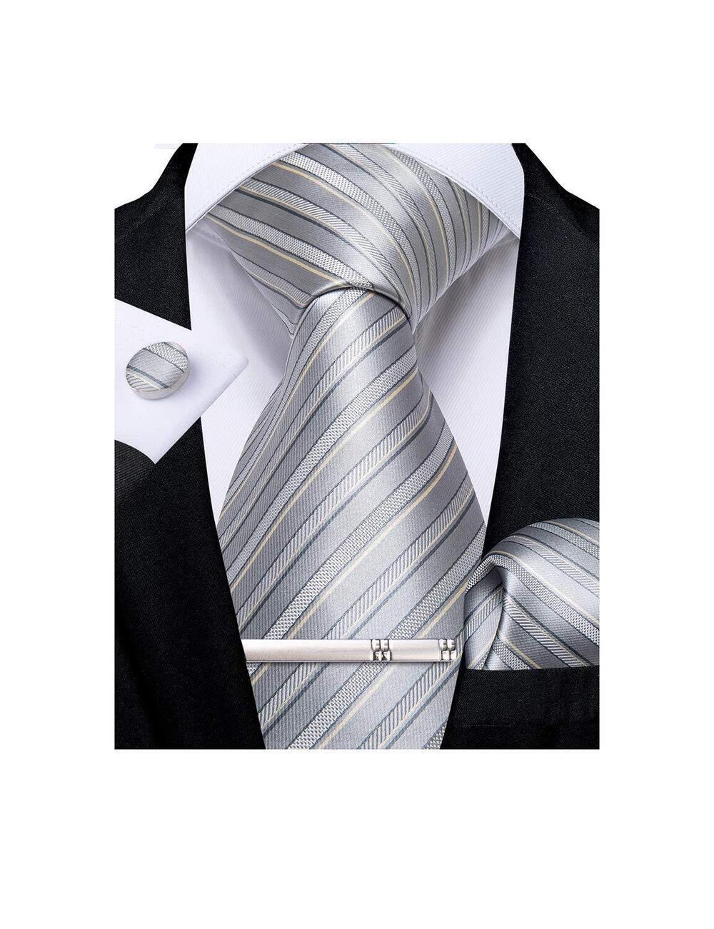 3565 Striped Tie Silk Woven Necktie and Pocket Square Cufflinks Tie Clip